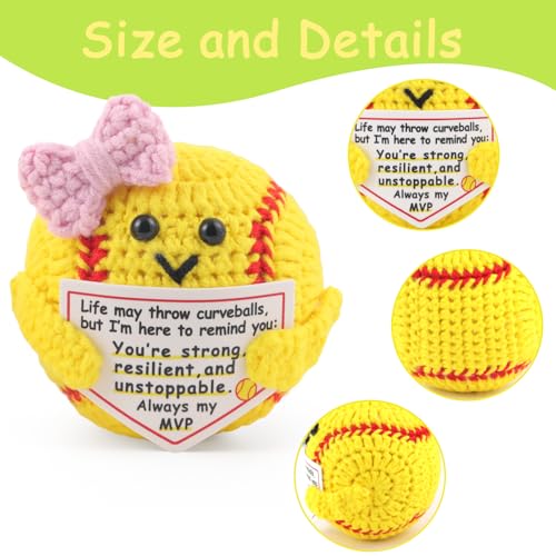 Rimvoe Hand-Crocheted Softball with Motivational Card – Bright Yellow, Pink Bow, 2.4–2.8 Inches