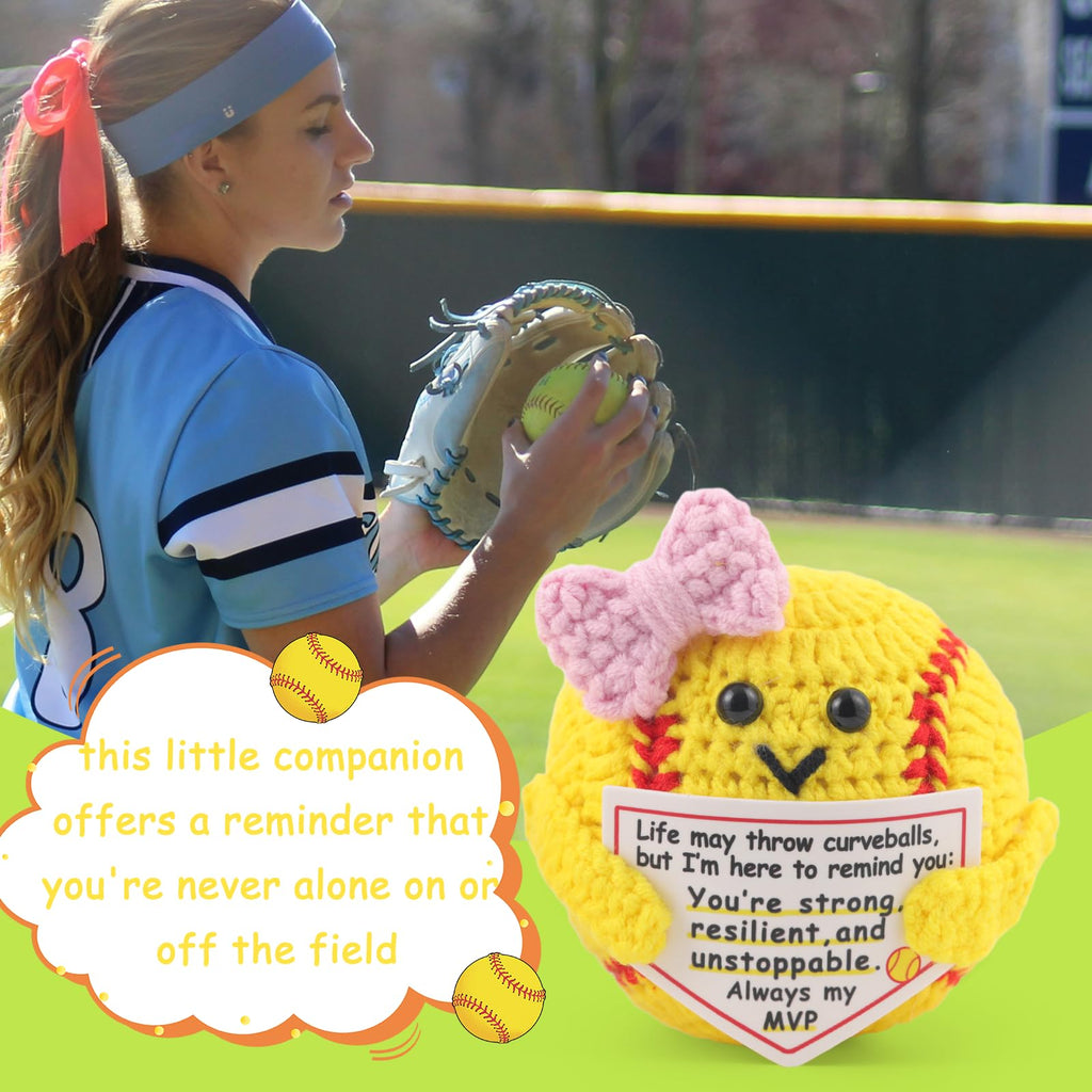 Rimvoe Hand-Crocheted Softball with Motivational Card – Bright Yellow, Pink Bow, 2.4–2.8 Inches