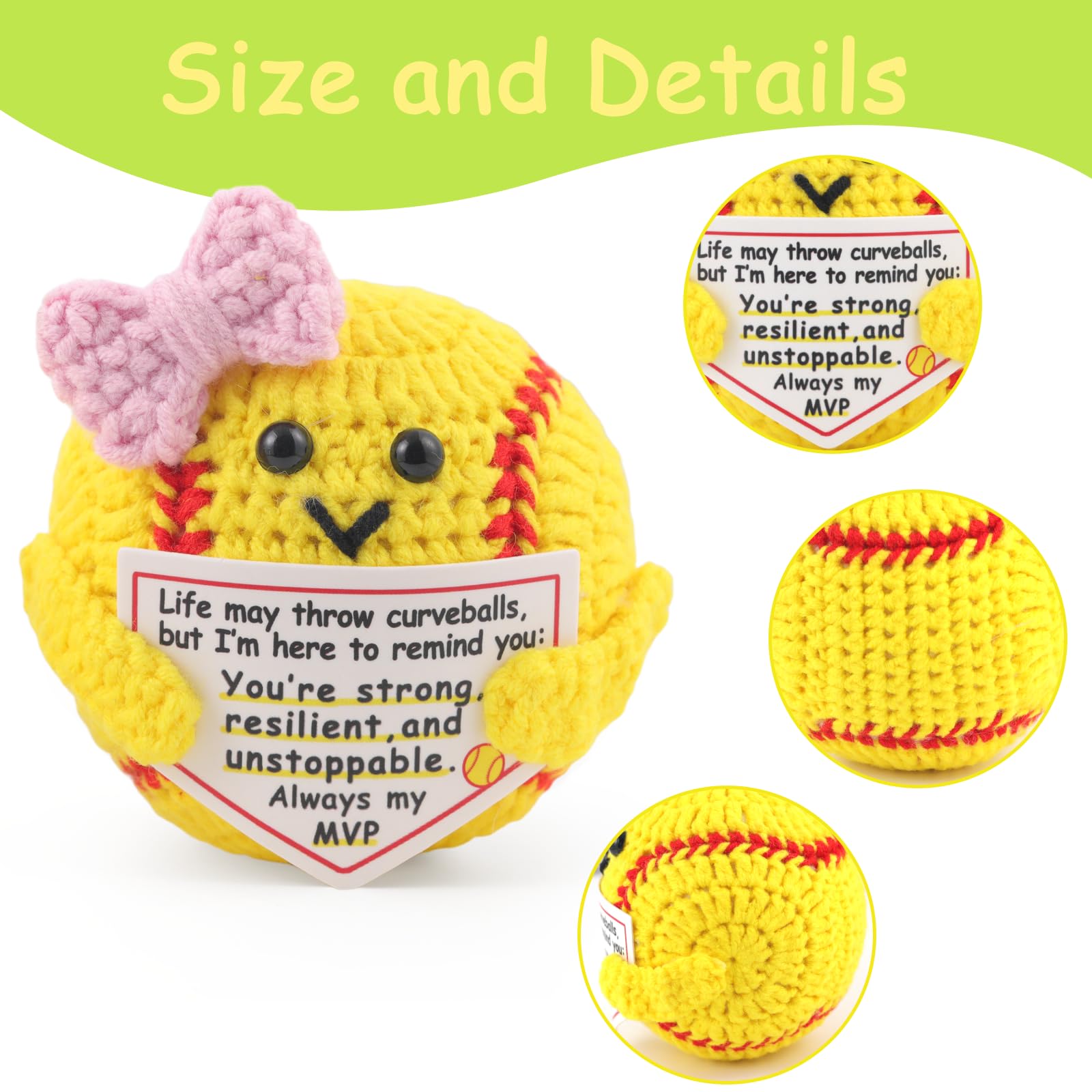 Rimvoe Hand-Crocheted Softball with Motivational Card – Bright Yellow, Pink Bow, 2.4–2.8 Inches