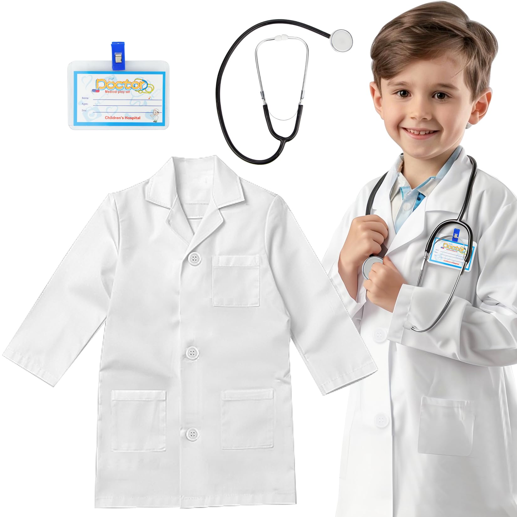 RioRand Kids Doctor Lab Coat Costume Set with Working Stethoscope, Ages 3-12