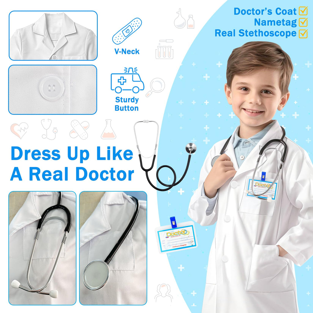 RioRand Kids Doctor Lab Coat Costume Set with Working Stethoscope, Ages 3-12
