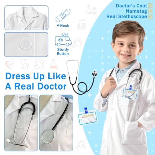 RioRand Kids Doctor Lab Coat Costume Set with Working Stethoscope, Ages 3-12