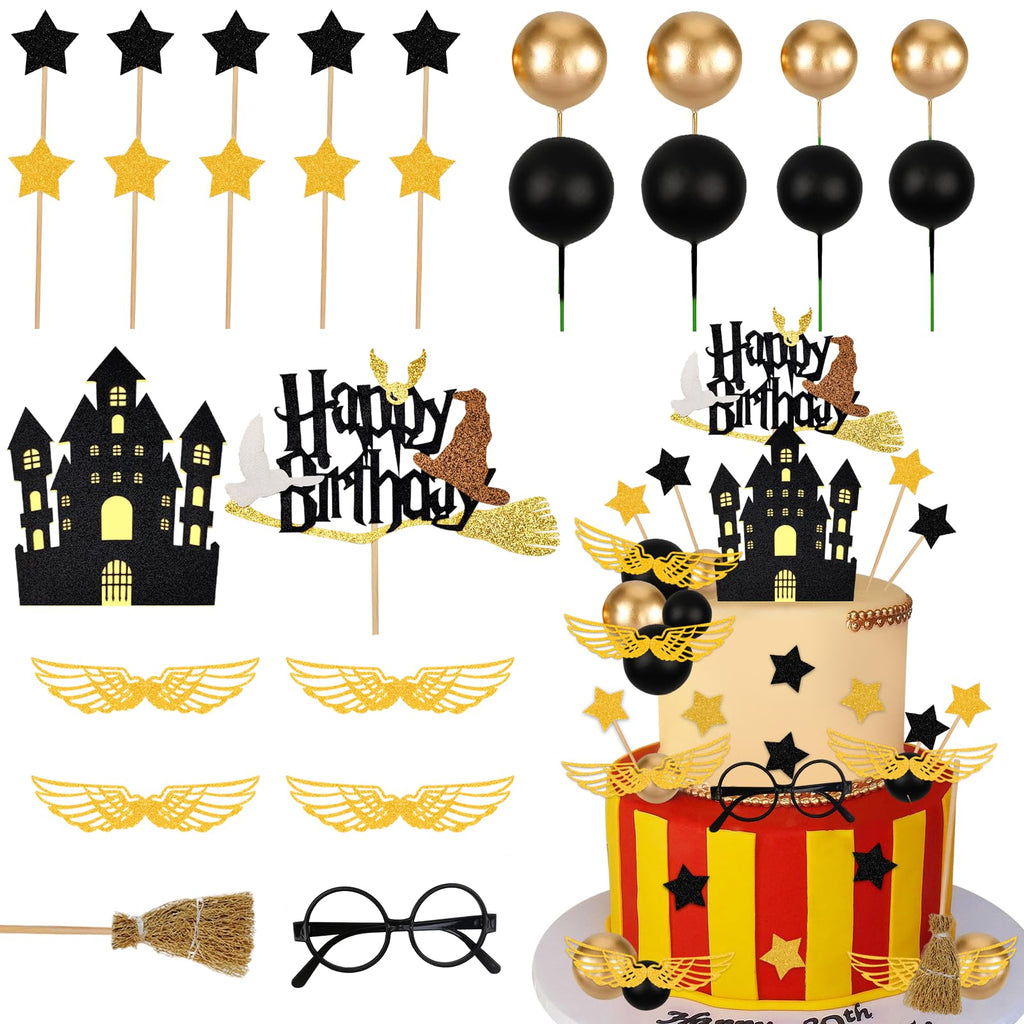 Rismise 26-Piece Wizard Cake Topper Set - Glitter Cardstock Stars, Foam Balls, Glasses, Broom & Castle for Magical Birthday Parties
