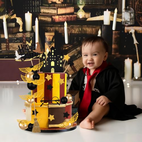 Rismise 26-Piece Wizard Cake Topper Set - Glitter Cardstock Stars, Foam Balls, Glasses, Broom & Castle for Magical Birthday Parties