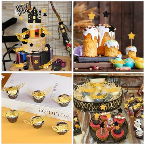 Rismise 26-Piece Wizard Cake Topper Set - Glitter Cardstock Stars, Foam Balls, Glasses, Broom & Castle for Magical Birthday Parties