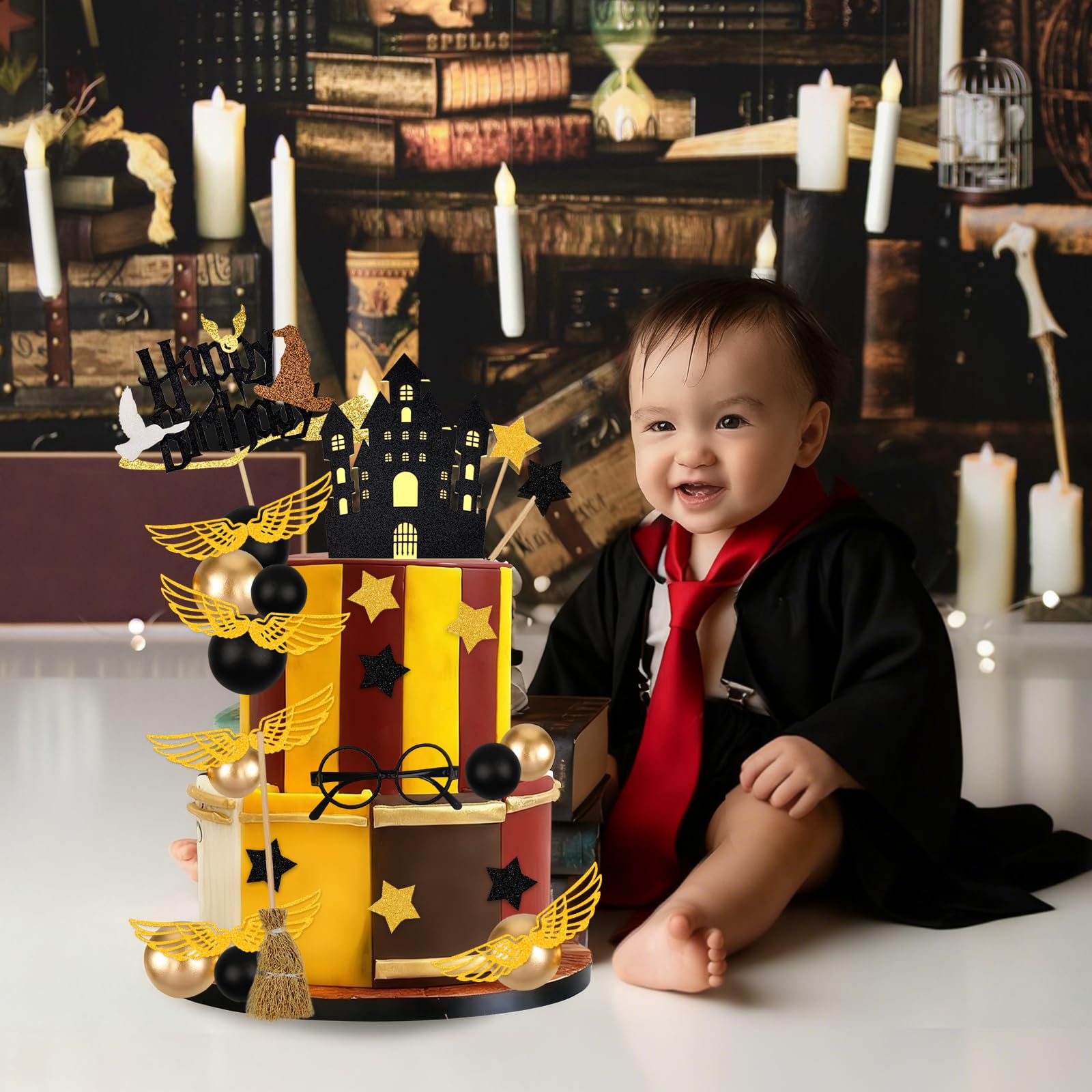 Rismise 26-Piece Wizard Cake Topper Set - Glitter Cardstock Stars, Foam Balls, Glasses, Broom & Castle for Magical Birthday Parties