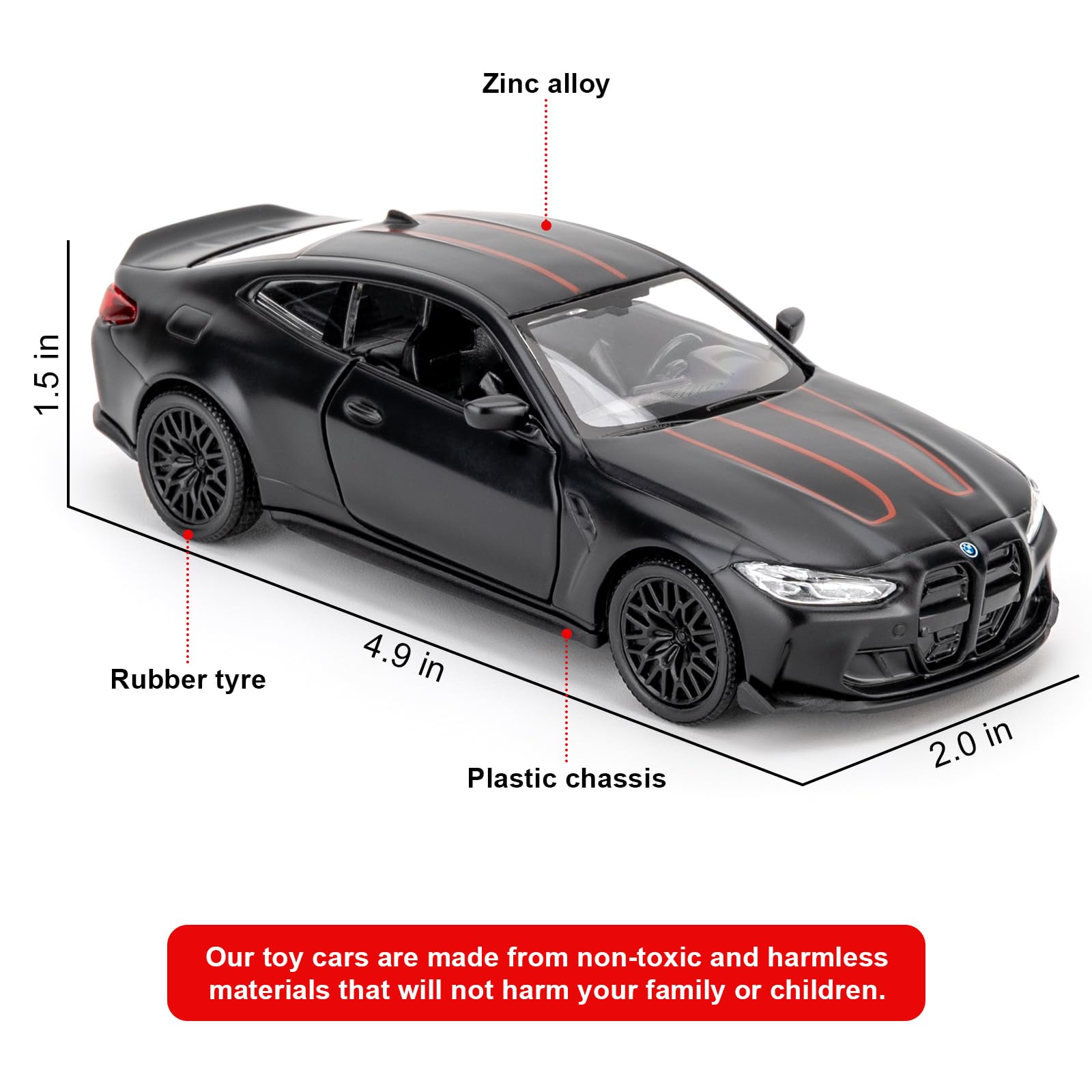RMZ City 1/36 BMW M4 CSL Diecast Car – Alloy Pullback Toy with Opening Doors, Gift for Ages 3+ (Black)