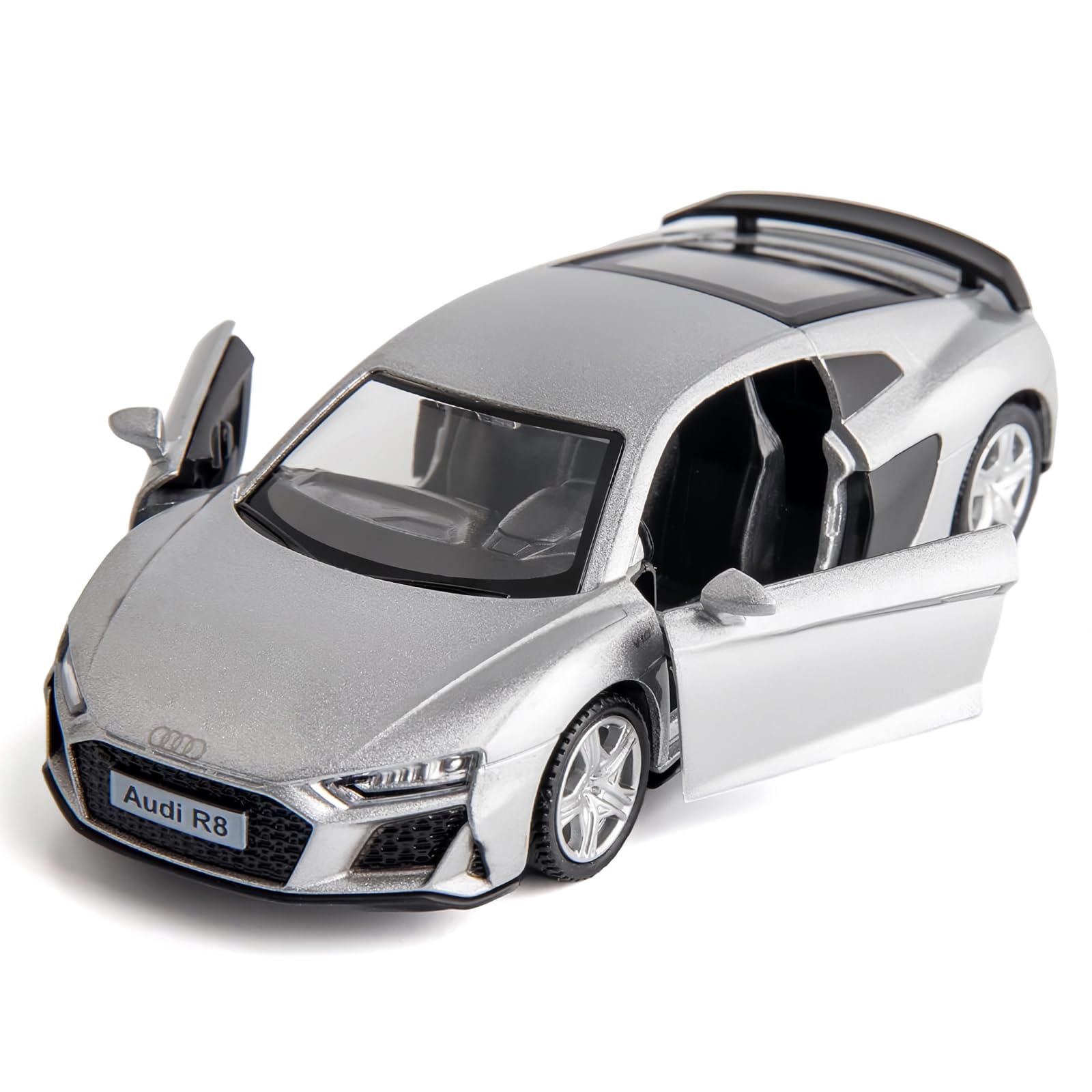 RMZ City 1:36 Scale Audi R8 Diecast Model Car – Pull-Back Toy with Opening Doors, Silver