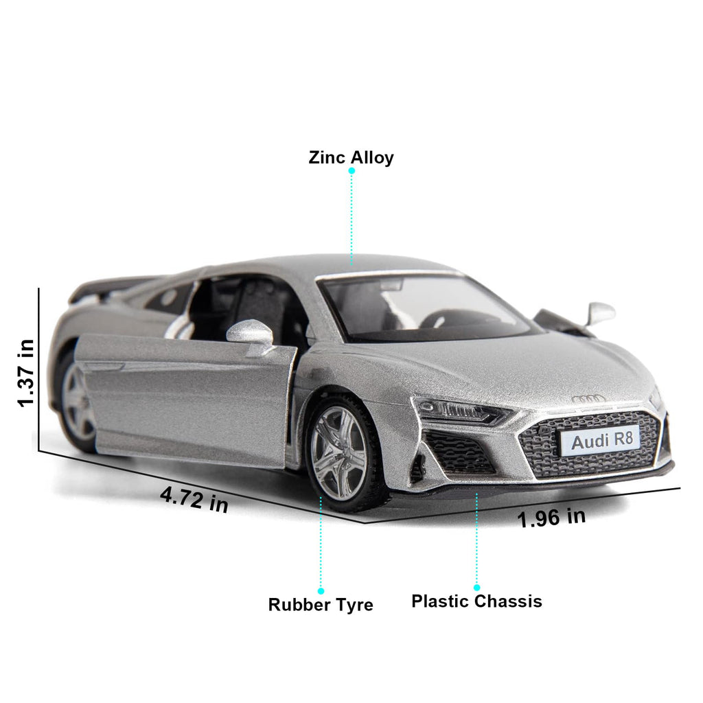 RMZ City 1:36 Scale Audi R8 Diecast Model Car – Pull-Back Toy with Opening Doors, Silver