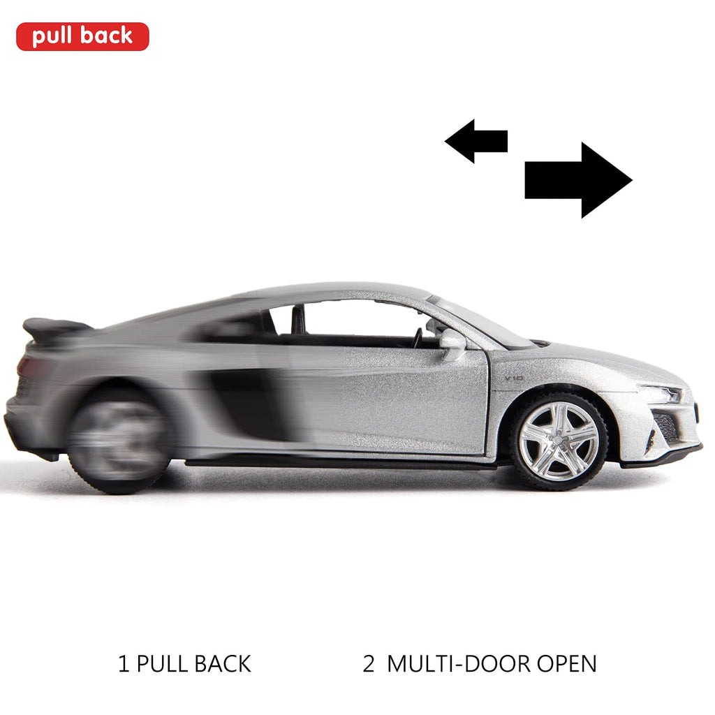 RMZ City 1:36 Scale Audi R8 Diecast Model Car – Pull-Back Toy with Opening Doors, Silver