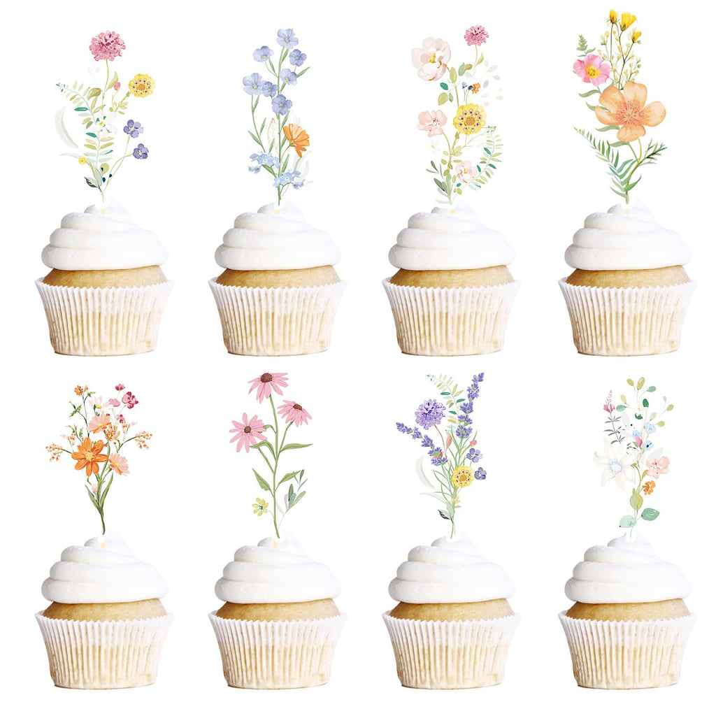 Rngmsi 40-Piece Wildflower Cupcake Toppers for Baby Shower & Birthday Parties - No-DIY Pre-Assembled Garden Floral Decorations