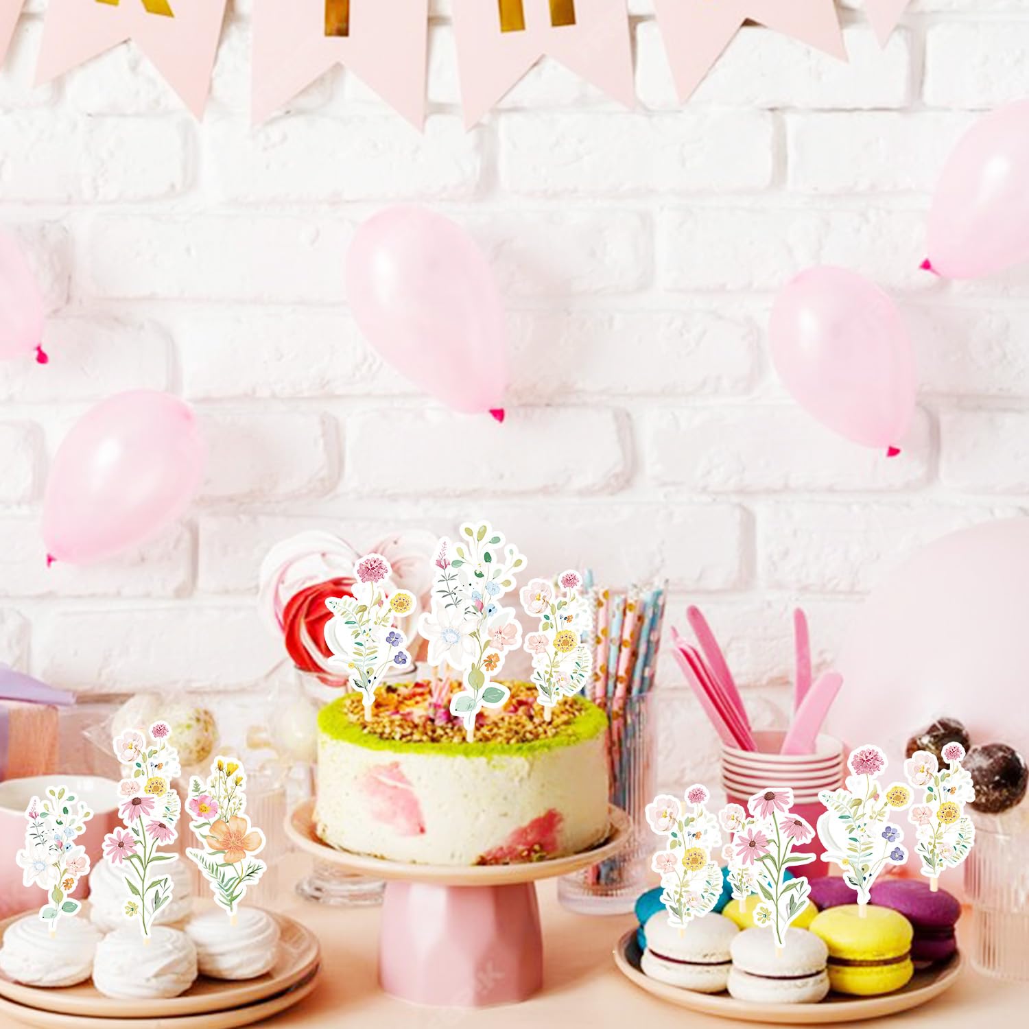 Rngmsi 40-Piece Wildflower Cupcake Toppers for Baby Shower & Birthday Parties - No-DIY Pre-Assembled Garden Floral Decorations