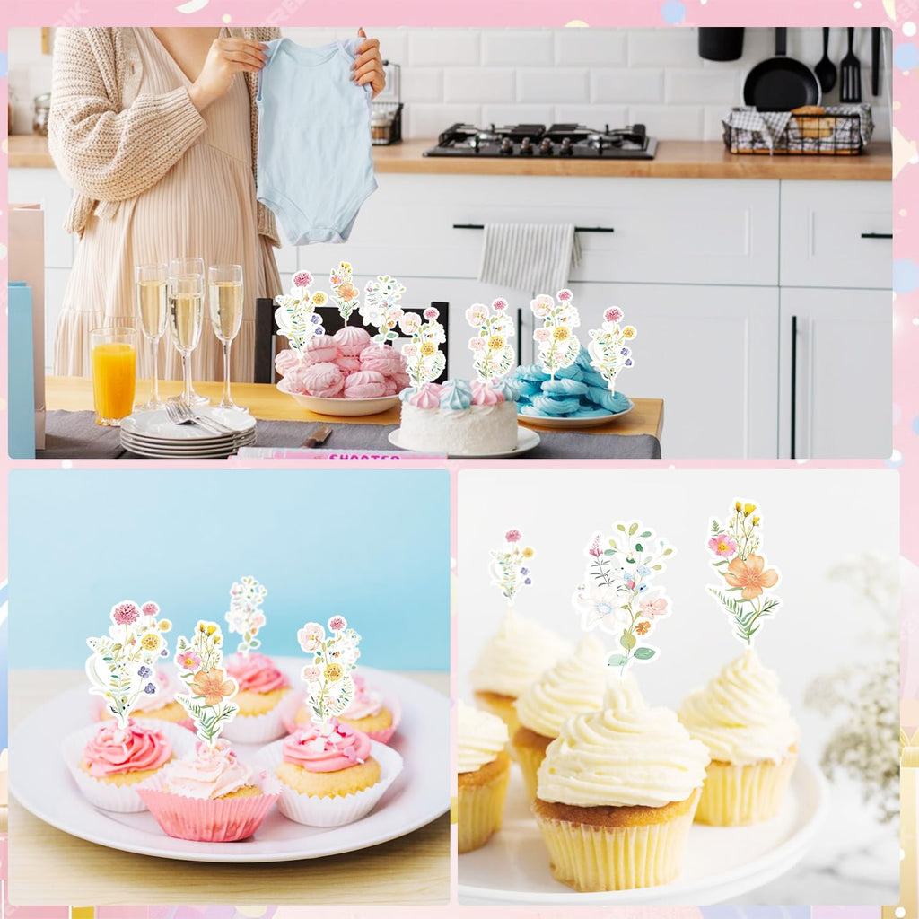 Rngmsi 40-Piece Wildflower Cupcake Toppers for Baby Shower & Birthday Parties - No-DIY Pre-Assembled Garden Floral Decorations