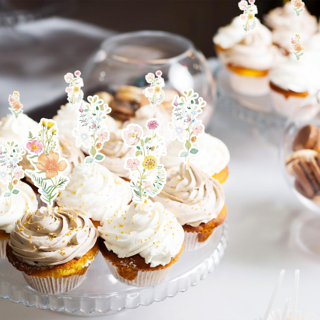 Rngmsi 40-Piece Wildflower Cupcake Toppers for Baby Shower & Birthday Parties - No-DIY Pre-Assembled Garden Floral Decorations