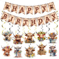 Rngmsi Highland Cow Birthday Decorations – 16-Piece Party Set with Banners and Swirls