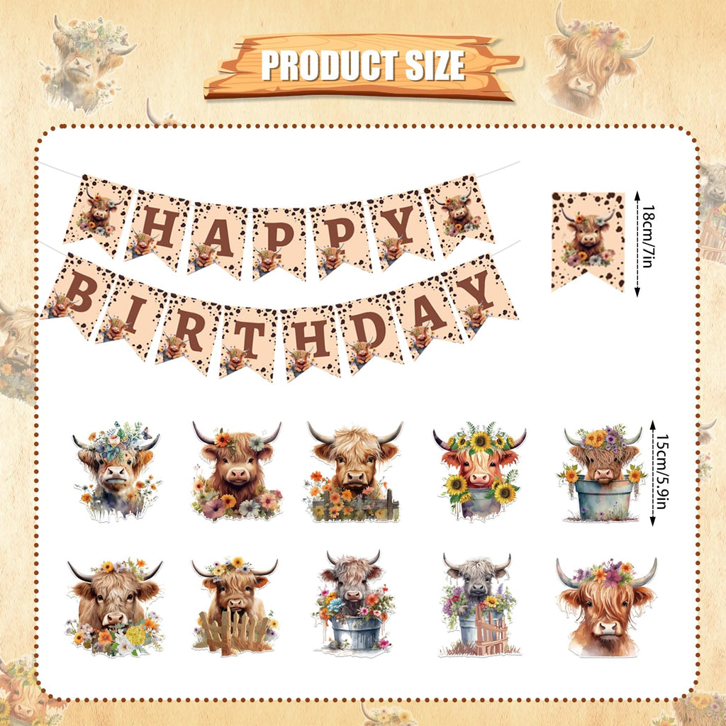 Rngmsi Highland Cow Birthday Decorations – 16-Piece Party Set with Banners and Swirls