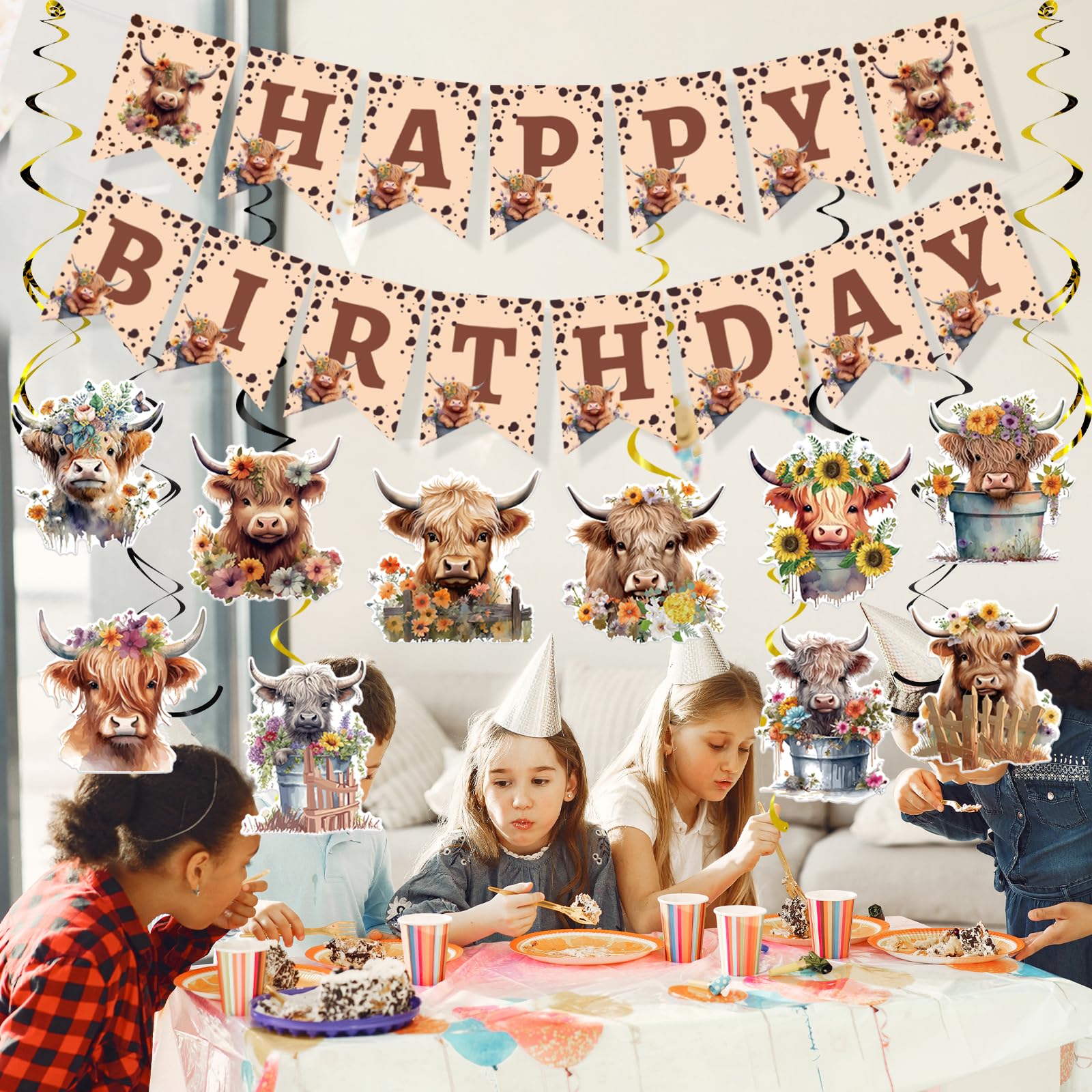 Rngmsi Highland Cow Birthday Decorations – 16-Piece Party Set with Banners and Swirls