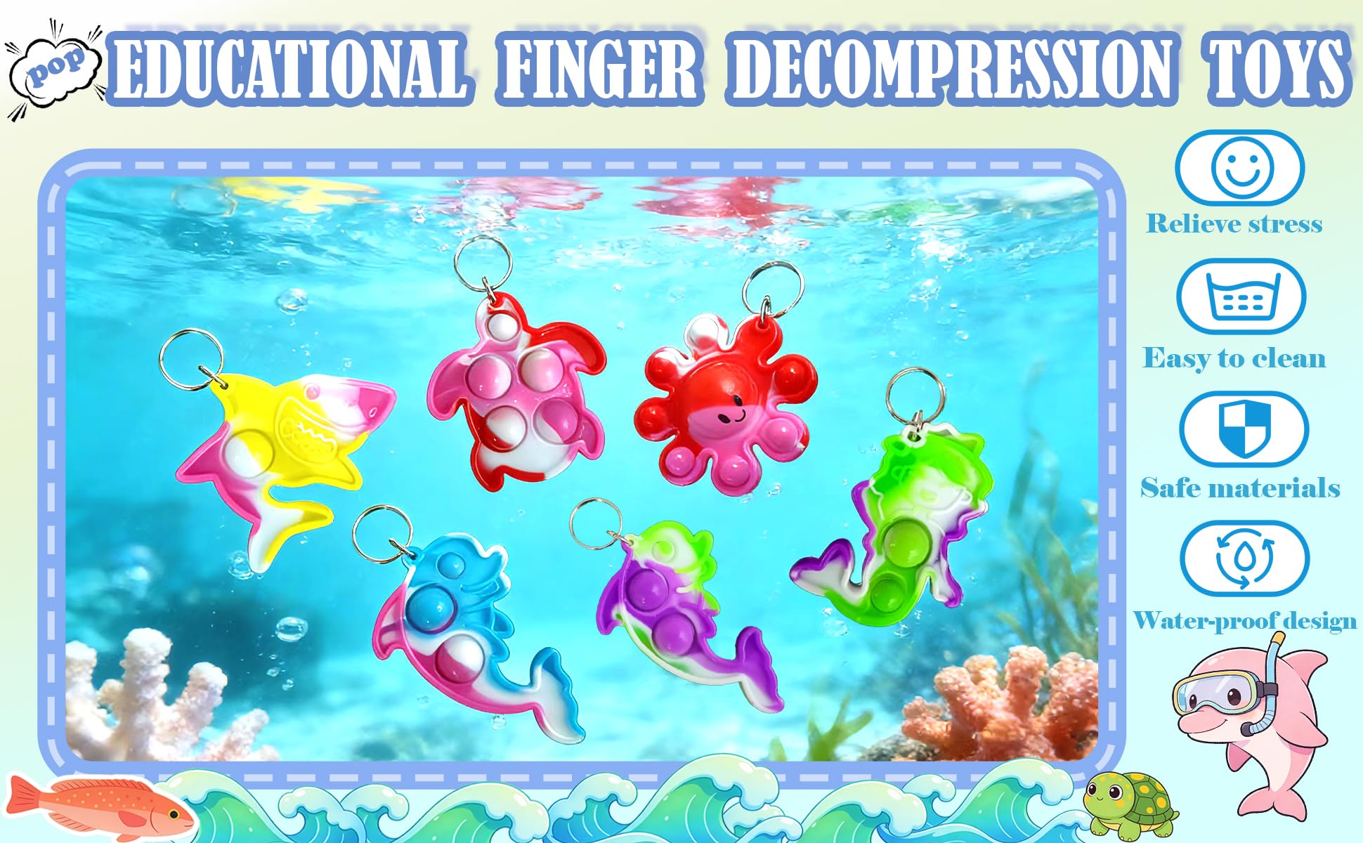 Roaqua 30-Pack Sea Animal Pop Keychains - Octopus, Sharks, Turtles, Dolphins, Mermaids - Silicone Fidget Toy Keychain for Party Favors, Classroom Prizes, Summer Gifts