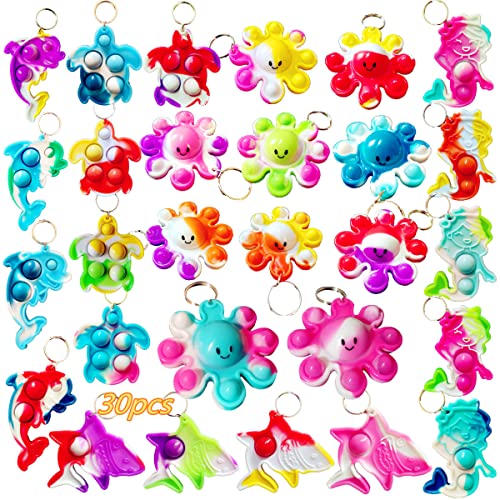 Roaqua 30-Pack Sea Animal Pop Keychains - Octopus, Sharks, Turtles, Dolphins, Mermaids - Silicone Fidget Toy Keychain for Party Favors, Classroom Prizes, Summer Gifts