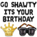 Roaring Good Time Go Shawty Its Your Birthday Decoration Set - Early 2000s Hip Hop Theme with Black Curtain and Balloons