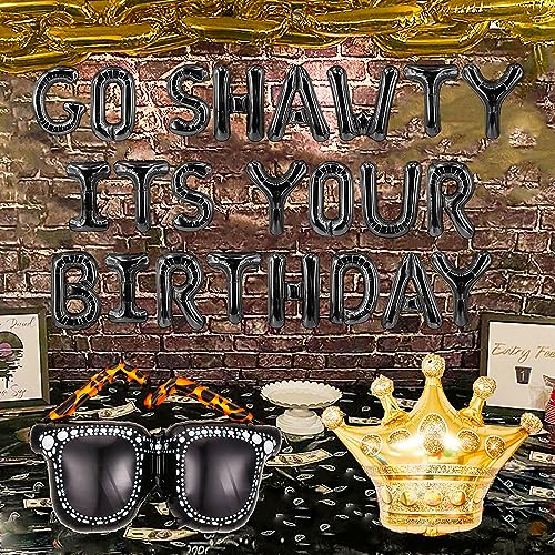 Roaring Good Time Go Shawty Its Your Birthday Decoration Set - Early 2000s Hip Hop Theme with Black Curtain and Balloons