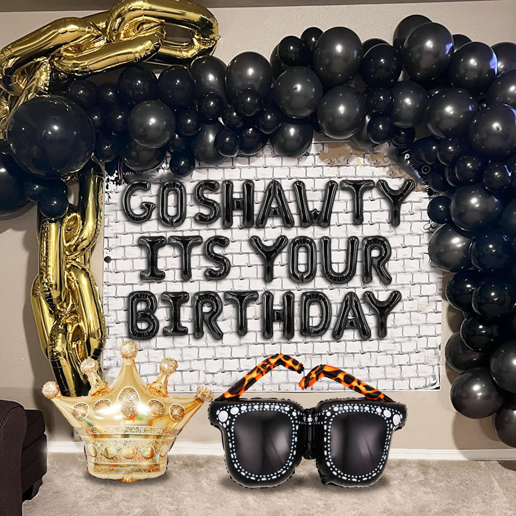Roaring Good Time Go Shawty Its Your Birthday Decoration Set - Early 2000s Hip Hop Theme with Black Curtain and Balloons