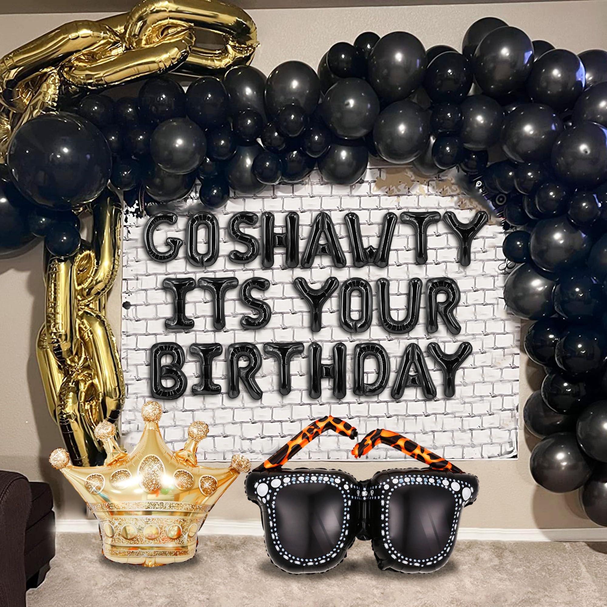 Roaring Good Time Go Shawty Its Your Birthday Decoration Set - Early 2000s Hip Hop Theme with Black Curtain and Balloons