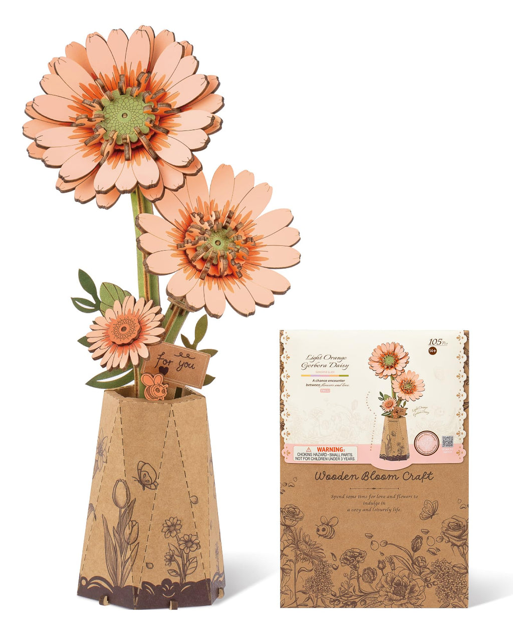 ROBOTIME 3D Puzzle Light Orange Gerbera Daisy TW111 - DIY Wooden Flower Model Kit for Adults, Home Decor, Valentine's Gift