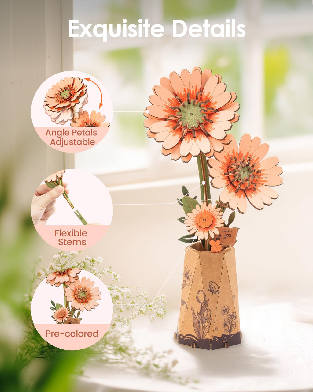 ROBOTIME 3D Puzzle Light Orange Gerbera Daisy TW111 - DIY Wooden Flower Model Kit for Adults, Home Decor, Valentine's Gift