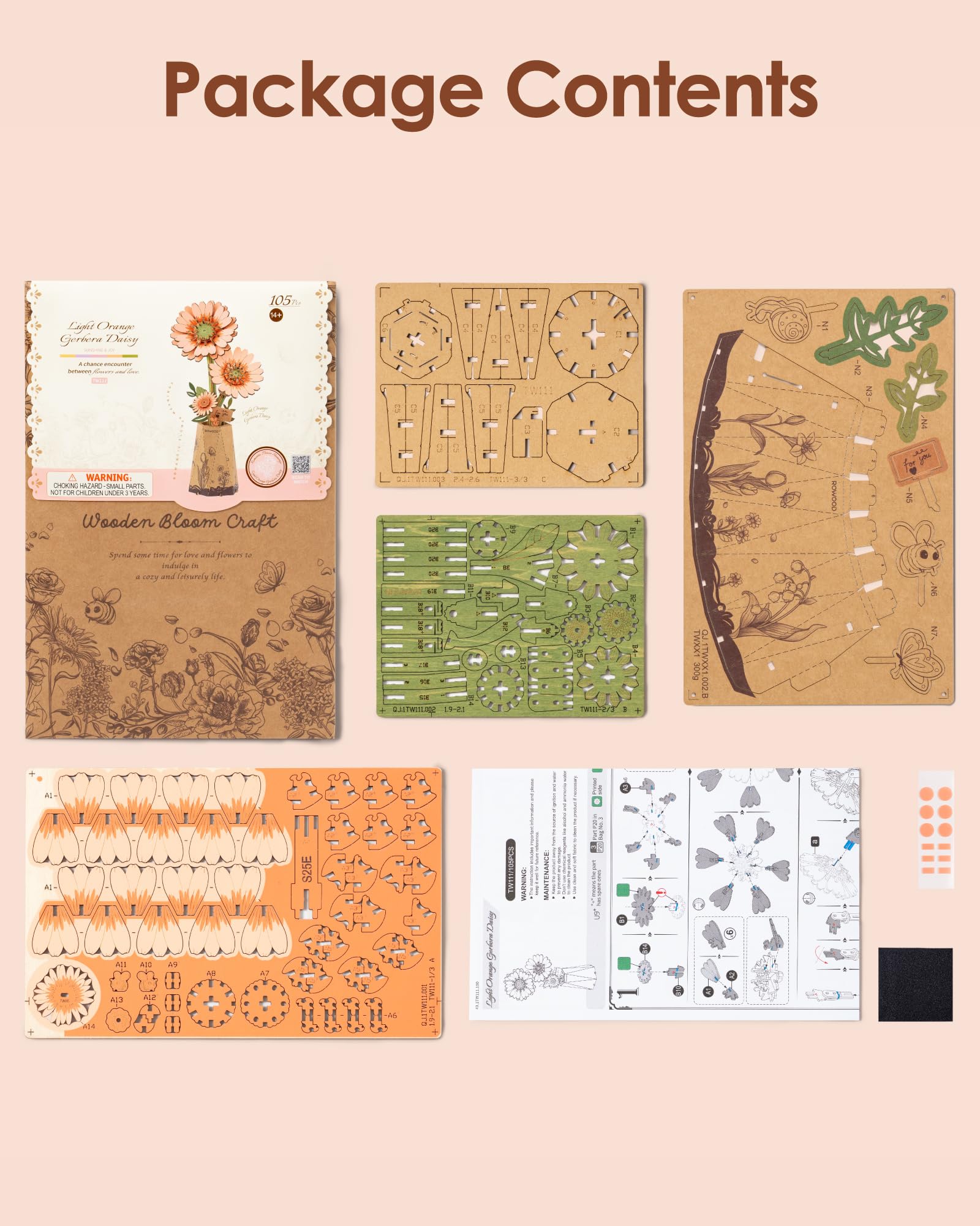 ROBOTIME 3D Puzzle Light Orange Gerbera Daisy TW111 - DIY Wooden Flower Model Kit for Adults, Home Decor, Valentine's Gift