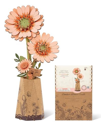 ROBOTIME 3D Puzzle Light Orange Gerbera Daisy TW111 - DIY Wooden Flower Model Kit for Adults, Home Decor, Valentine's Gift