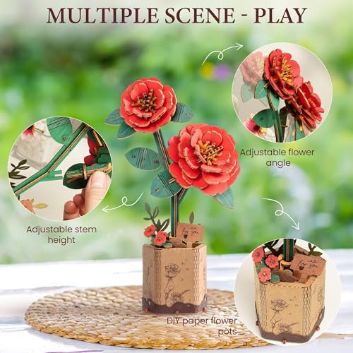 ROBOTIME Wooden 3D Puzzle – Red Camellia Flower Model Kit for Adults and Teens