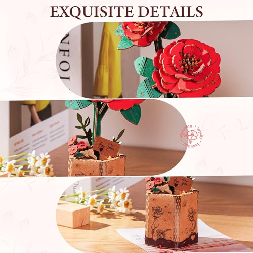 ROBOTIME Wooden 3D Puzzle – Red Camellia Flower Model Kit for Adults and Teens