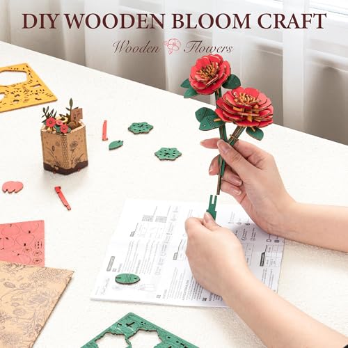 ROBOTIME Wooden 3D Puzzle – Red Camellia Flower Model Kit for Adults and Teens
