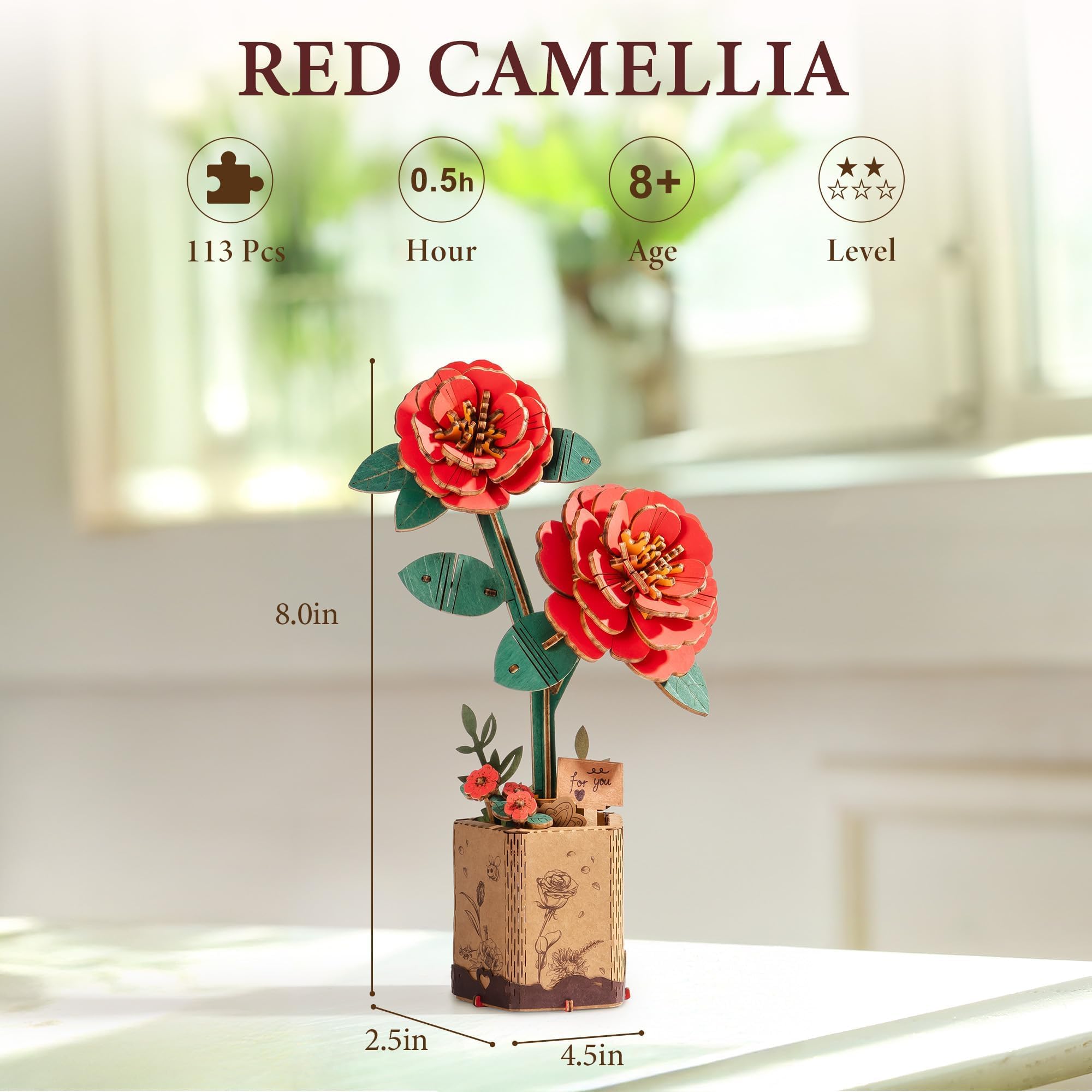 ROBOTIME Wooden 3D Puzzle – Red Camellia Flower Model Kit for Adults and Teens