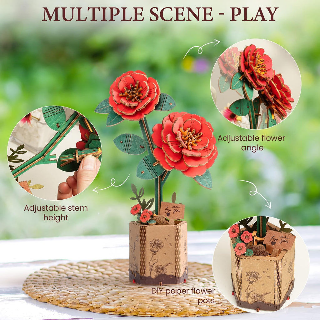 ROBOTIME Wooden 3D Puzzle – Red Camellia Flower Model Kit for Adults and Teens