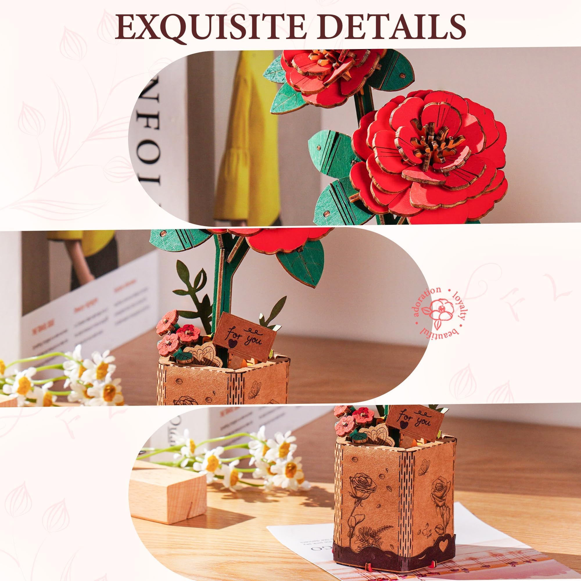 ROBOTIME Wooden 3D Puzzle – Red Camellia Flower Model Kit for Adults and Teens