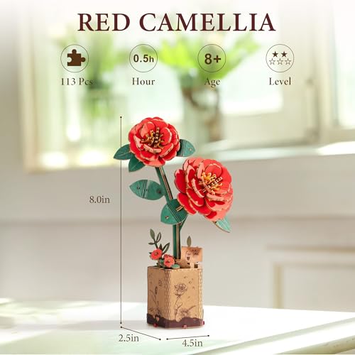 ROBOTIME Wooden 3D Puzzle – Red Camellia Flower Model Kit for Adults and Teens
