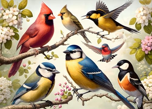 Rocorose 1000 Piece Birds and Flowers Jigsaw Puzzle with Poster – Large 27.5x19.68 Inch Finished Size, Premium Gray Board