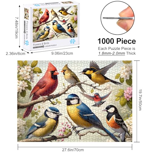 Rocorose 1000 Piece Birds and Flowers Jigsaw Puzzle with Poster – Large 27.5x19.68 Inch Finished Size, Premium Gray Board