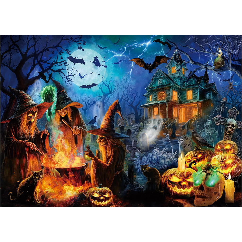 Rocorose 1000 Piece Halloween Jigsaw Puzzle – Witches, Skeletons & Haunted House Scene, 27.6" x 19.7" for Adults