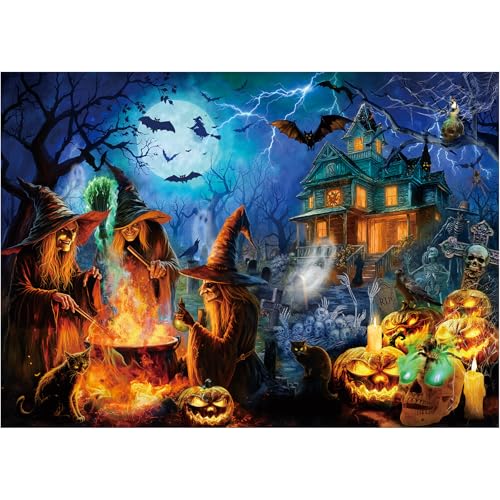 Rocorose 1000 Piece Halloween Jigsaw Puzzle – Witches, Skeletons & Haunted House Scene, 27.6" x 19.7" for Adults