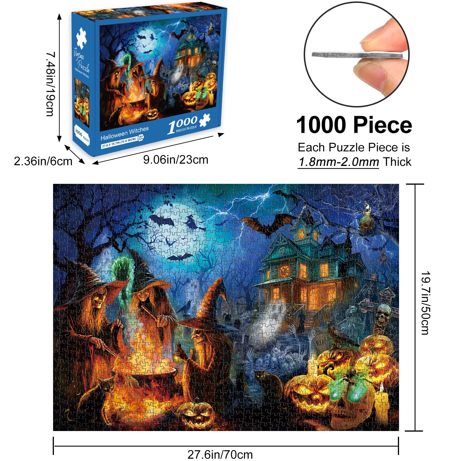 Rocorose 1000 Piece Halloween Jigsaw Puzzle – Witches, Skeletons & Haunted House Scene, 27.6" x 19.7" for Adults