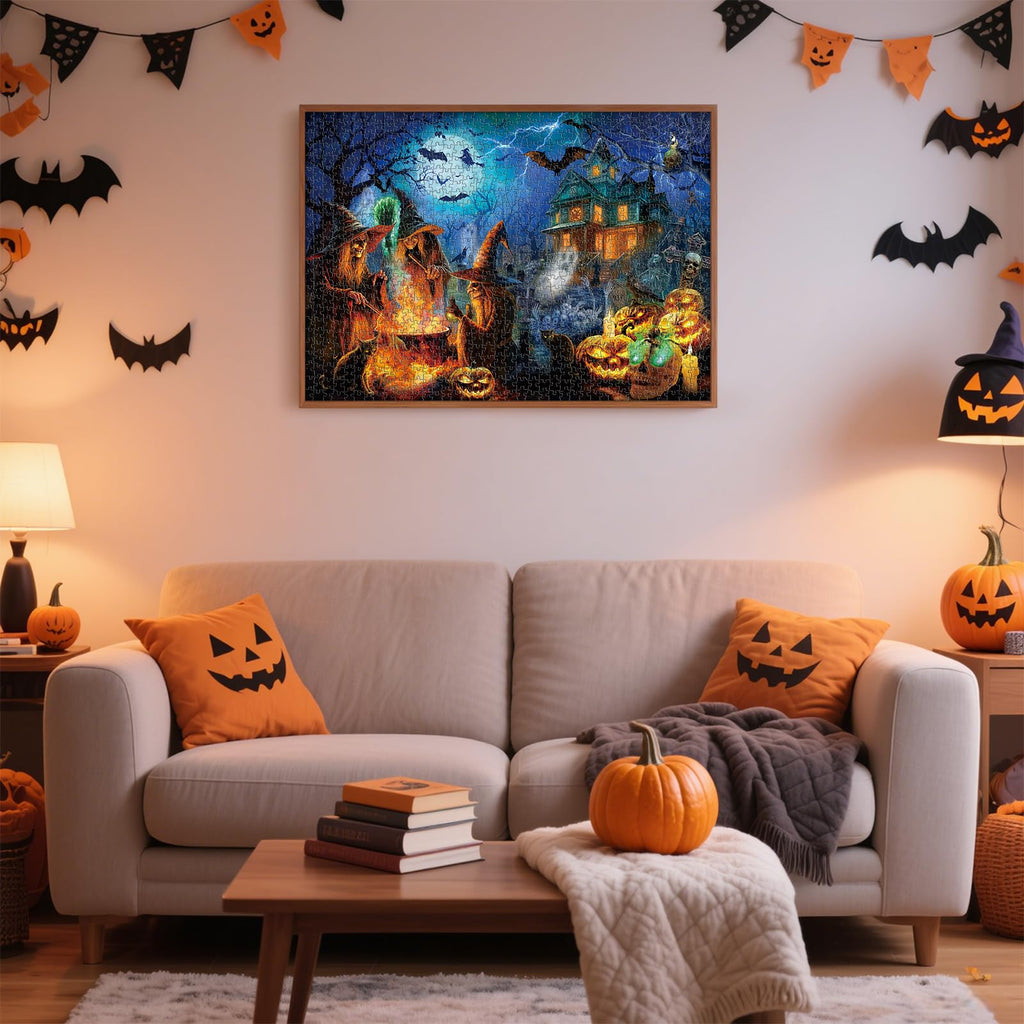 Rocorose 1000 Piece Halloween Jigsaw Puzzle – Witches, Skeletons & Haunted House Scene, 27.6" x 19.7" for Adults