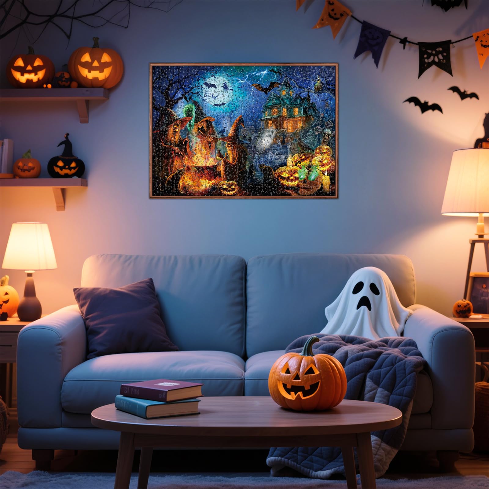 Rocorose 1000 Piece Halloween Jigsaw Puzzle – Witches, Skeletons & Haunted House Scene, 27.6" x 19.7" for Adults