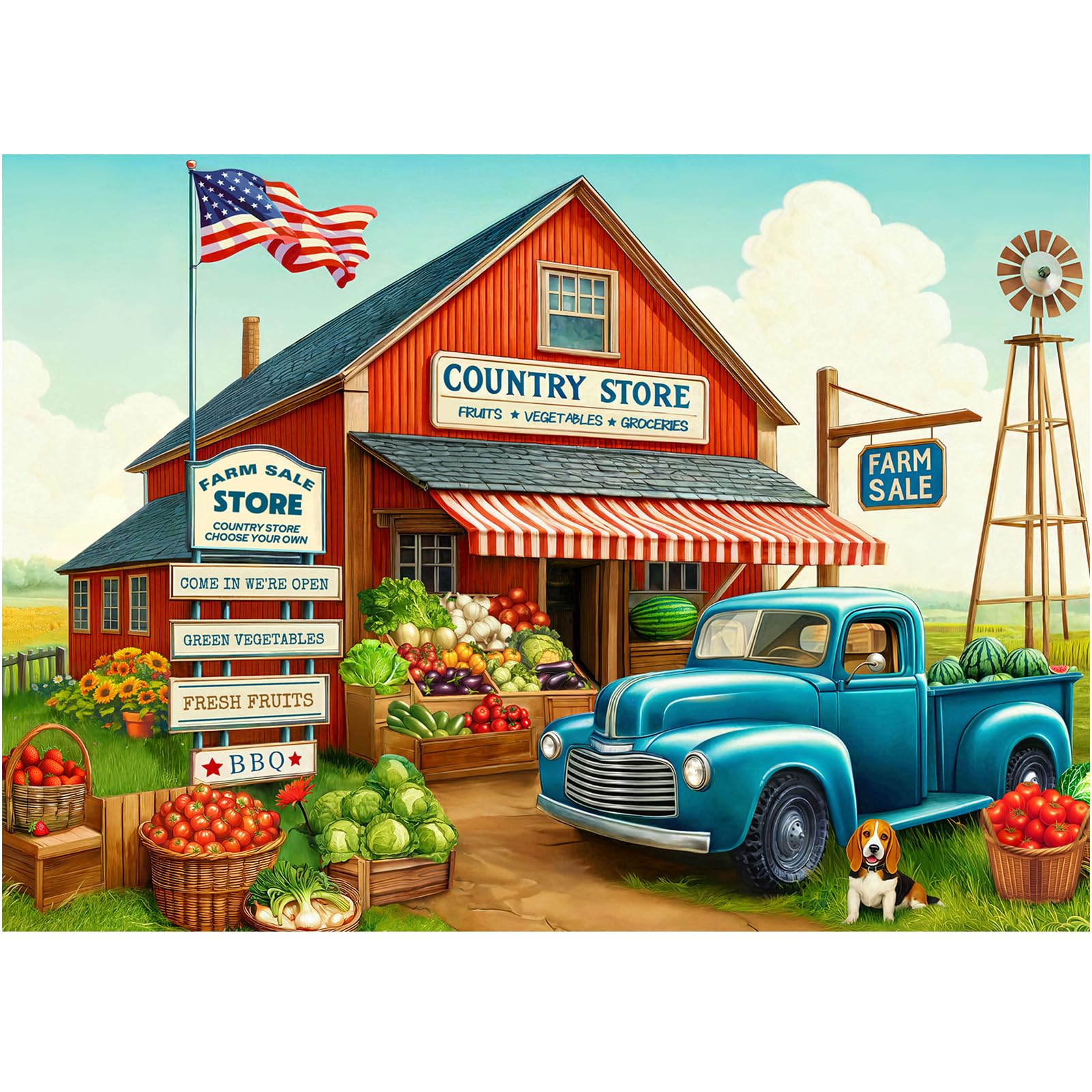 Rocorose 1000-Piece Jigsaw Puzzle: Country Store with Trucks & Produce – Challenging Adult Puzzle, Unique Pieces
