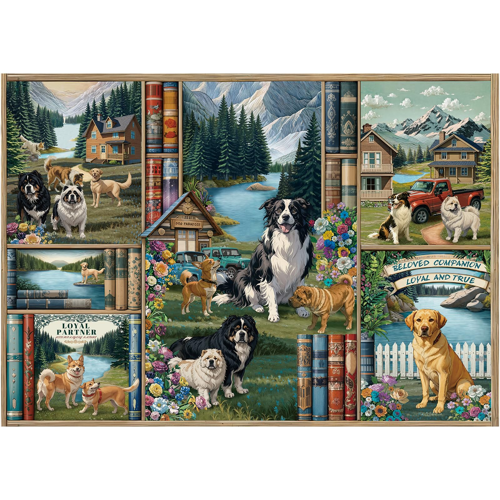 Rocorose 1000 Piece Jigsaw Puzzle for Adults – Dogs Bookshelf Nature Scene, 27.6 x 19.7 Inches, Includes Poster