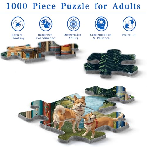 Rocorose 1000 Piece Jigsaw Puzzle for Adults – Dogs Bookshelf Nature Scene, 27.6 x 19.7 Inches, Includes Poster