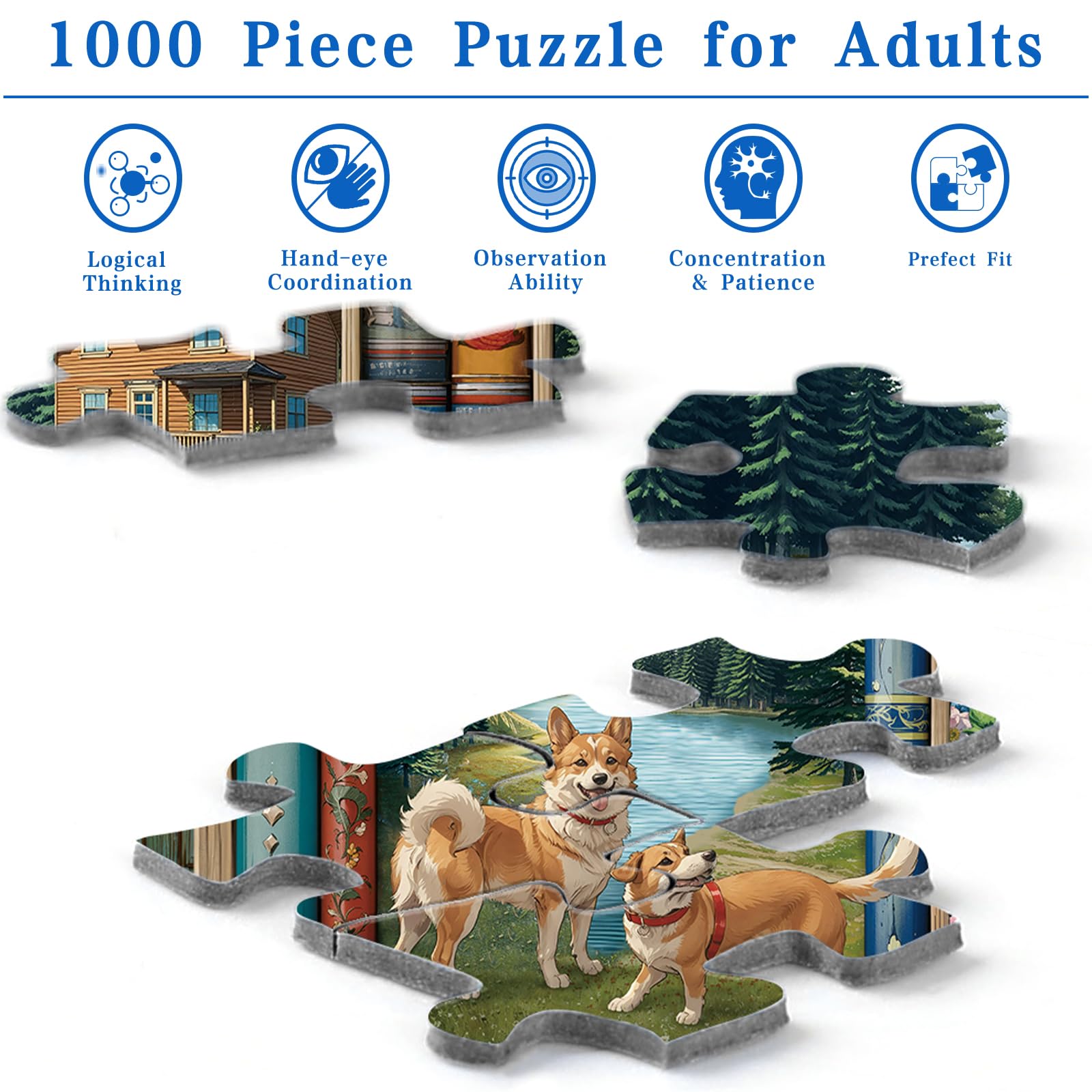 Rocorose 1000 Piece Jigsaw Puzzle for Adults – Dogs Bookshelf Nature Scene, 27.6 x 19.7 Inches, Includes Poster