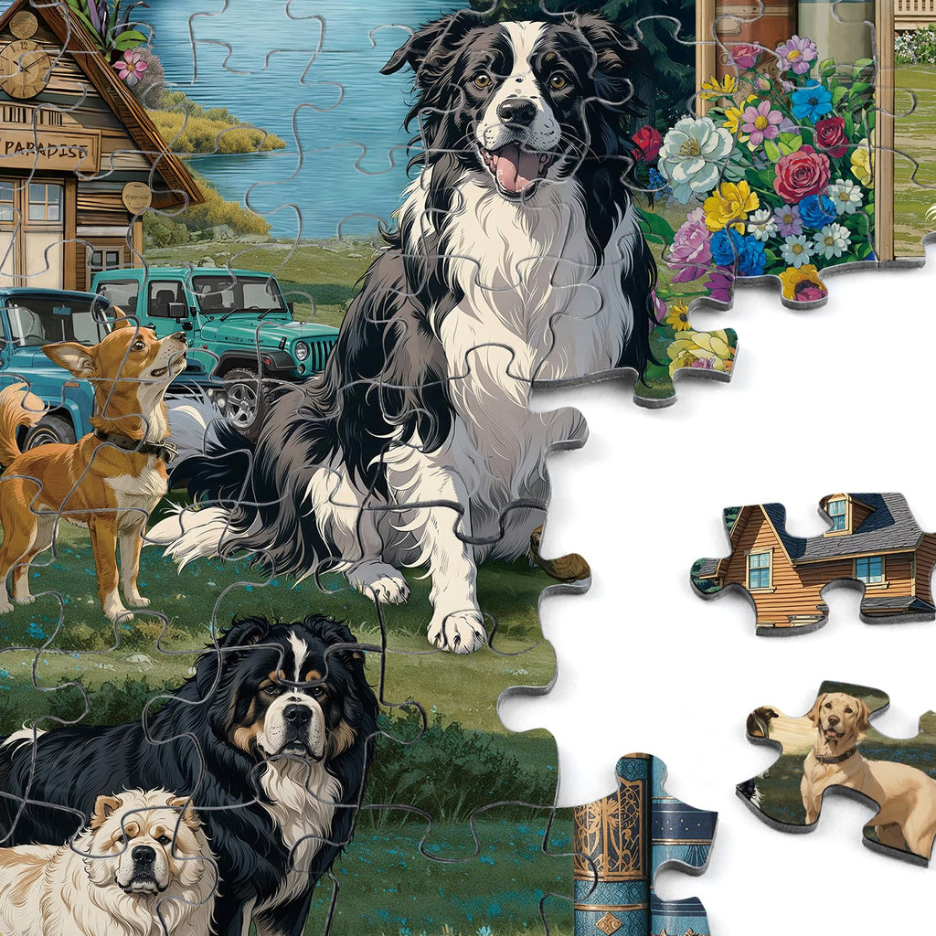 Rocorose 1000 Piece Jigsaw Puzzle for Adults – Dogs Bookshelf Nature Scene, 27.6 x 19.7 Inches, Includes Poster